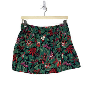 Zara Tropical Skirt Womens Medium M Black Green Print Pleated Back Zip Skater